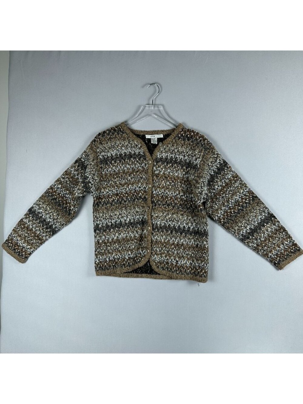 Lise J. Cardigan Sweater Size Medium Striped Wool Blend Button Front Brown Black